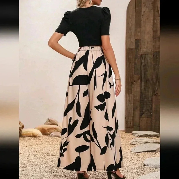 Women Summer Black Knitted Top And Floral Wide Leg Pants 2pcs Set - Picture 2 of 6